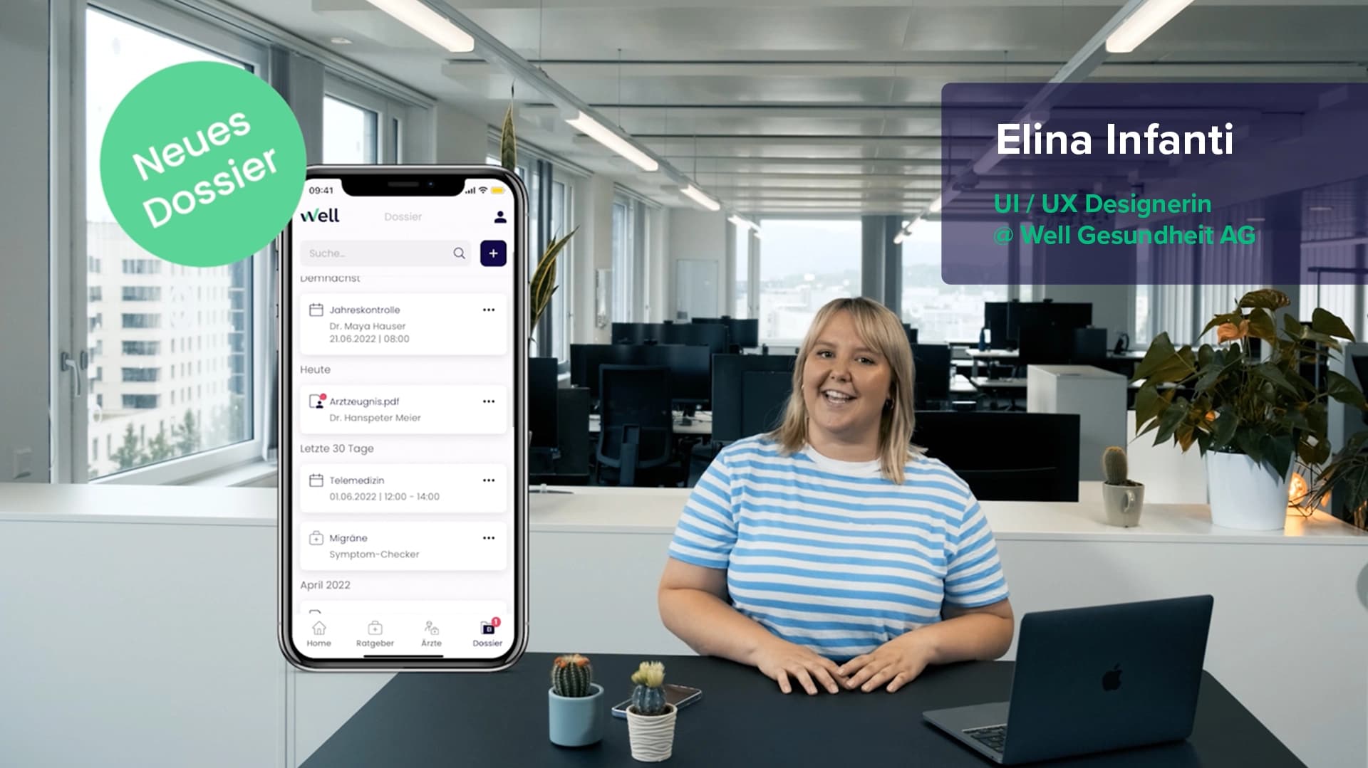Thumbnail Frau im Büro, Gesundheits-Dossier in Well-App